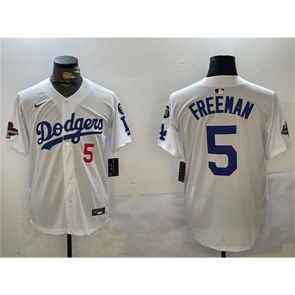 Los Angeles Dodgers #5 Freddie Freeman White 2024 World Series Champions With Fernando Memorial Patch Home Limited Stitched Jersey