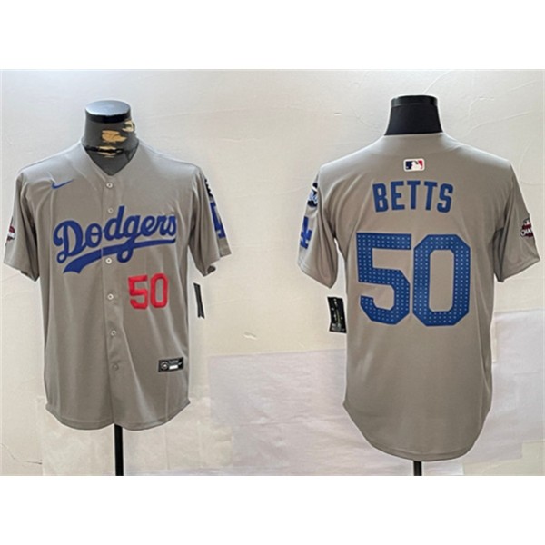 Los Angeles Dodgers #50 Mookie Betts Gray 2024 World Series Champions With Fernando Memorial Patch Limited Stitched Jersey
