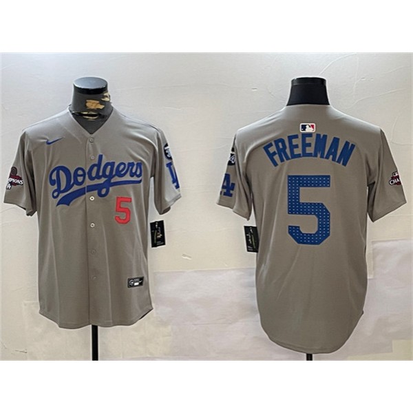 Los Angeles Dodgers #5 Freddie Freeman Gray 2024 World Series Champions With Fernando Memorial Patch Limited Stitched Jersey
