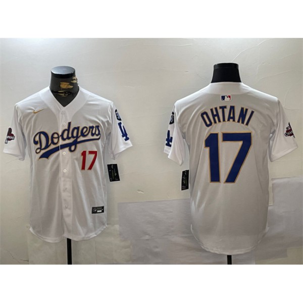 Los Angeles Dodgers #17 Shohei Ohtani White Gold 2024 World Series Champions With Fernando Memorial Patch Home Limited Stitched Jersey