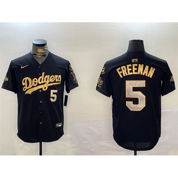 Los Angeles Dodgers #5 Freddie Freeman Black Gold 2024 World Series Champions With Fernando Memorial Patch Limited Stitched Jersey