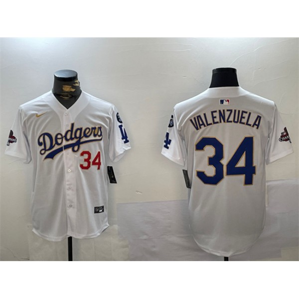 Los Angeles Dodgers #34 Toro Valenzuela White Gold 2024 World Series Champions With Fernando Memorial Patch Home Limited Stitched Jersey