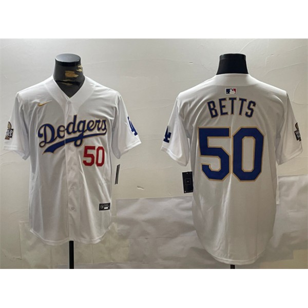Los Angeles Dodgers #50 Mookie Betts White Gold 2024 World Series Home Limited Stitched Jersey