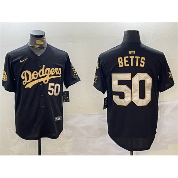 Los Angeles Dodgers #50 Mookie Betts Black Gold 2024 World Series With Fernando Memorial Patch Limited Stitched Jersey