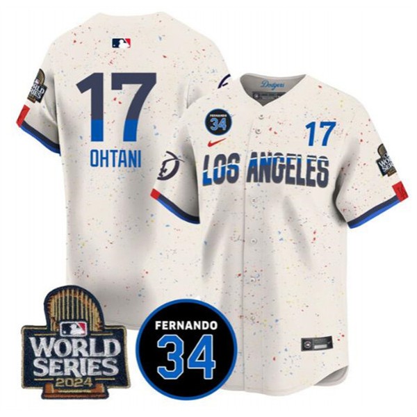Los Angeles Dodgers #17 Shohei Ohtani Cream 2024 World Series With Fernando Memorial Patch City Connect Limited Stitched Jersey