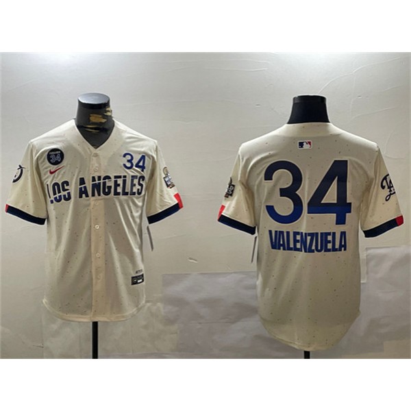 Los Angeles Dodgers #34 Toro Valenzuela Cream 2024 World Series With Fernando Memorial Patch City Connect Limited Stitched Jersey