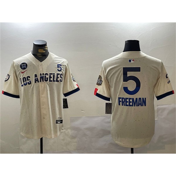 Los Angeles Dodgers #5 Freddie Freeman Cream 2024 World Series With Fernando Memorial Patch City Connect Limited Stitched Jersey