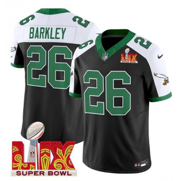 Philadelphia Eagles #26 Saquon Barkley Black White 2025 Super Bowl LIX Patch F.U.S.E. Vapor Untouchable Limited Stitched Jersey
