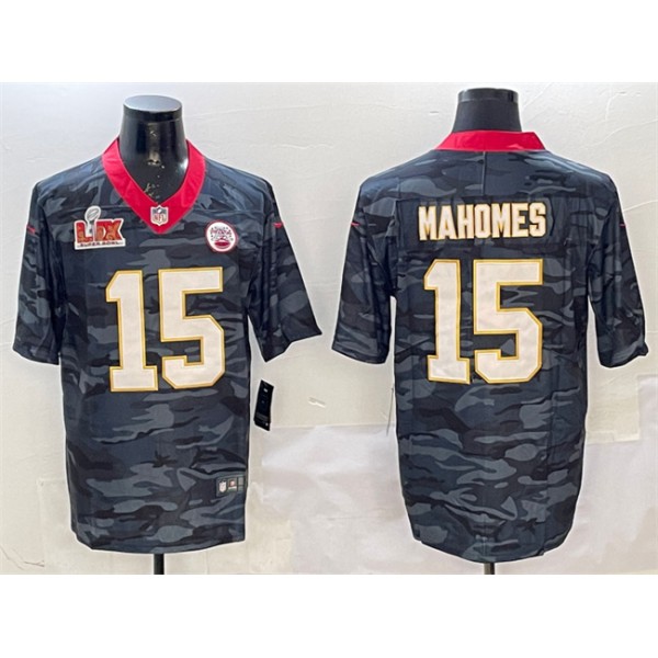 Kansas City Chiefs #15 Patrick Mahomes Black 2025 Super Bowl LIX Patch Camo Vapor Limited Stitched Jersey