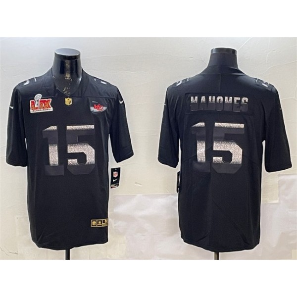 Kansas City Chiefs #15 Patrick Mahomes Black 2025 Super Bowl LIX Patch Shadow Vapor Limited Stitched Jersey