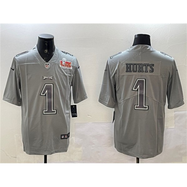 Philadelphia Eagles #1 Jalen Hurts Grey 2025 Super Bowl LIX Patch Atmosphere Fashion Vapor Untouchable Limited Stitched Jersey