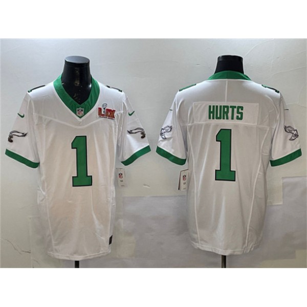 Philadelphia Eagles #1 Jalen Hurts White 2025 Super Bowl LIX Patch F.U.S.E. Vapor Untouchable Limited Stitched Jersey