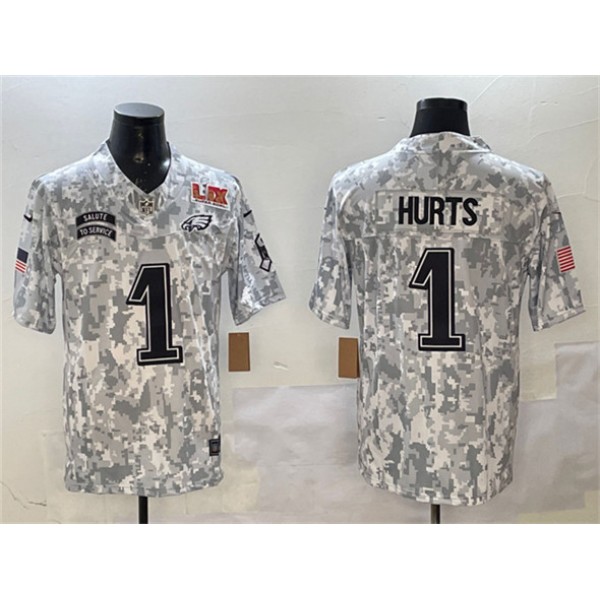 Philadelphia Eagles #1 Jalen Hurts Arctic Camo 2025 Super Bowl LIX Patch F.U.S.E Salute To Service Limited Stitched Jersey