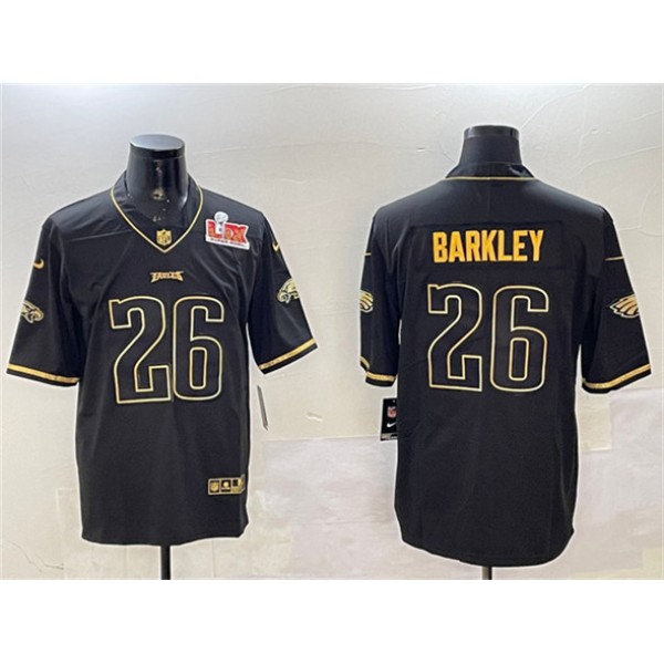 Philadelphia Eagles #26 Saquon Barkley Black Gold 2025 Super Bowl LIX Patch Salute To Service Vapor Untouchable Limited Stitched Jersey