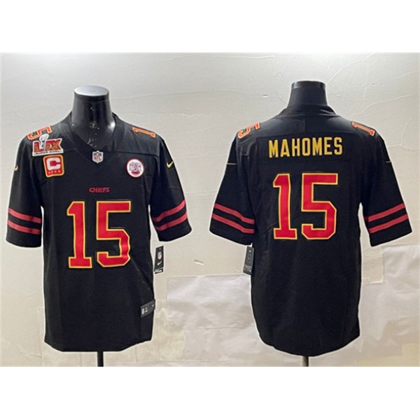 Kansas City Chiefs #15 Patrick Mahomes Black Gold 2025 Super Bowl LIX Patch And 4-Star C Patch Vapor Limited Stitched Jersey