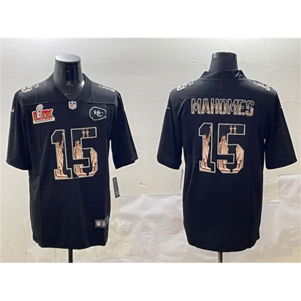 Kansas City Chiefs #15 Patrick Mahomes Black 2025 Super Bowl LIX Patch Statue Of Liberty Vapor Limited Stitched Jersey