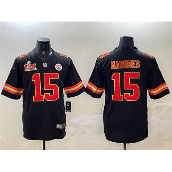 Kansas City Chiefs #15 Patrick Mahomes Black 2025 Super Bowl LIX Patch Vapor Untouchable Limited Stitched Jersey
