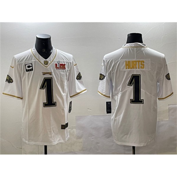 Philadelphia Eagles #1 Jalen Hurts White Gold 2025 Super Bowl LIX Patch And 3-Star C Patch Salute To Service Vapor Untouchable Limited Stitched Jersey