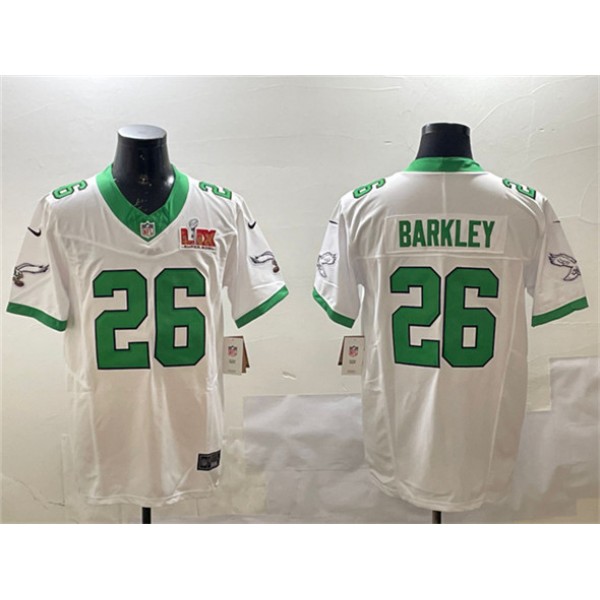 Philadelphia Eagles #26 Saquon Barkley White 2025 Super Bowl LIX Patch F.U.S.E. Vapor Untouchable Limited Stitched Jersey