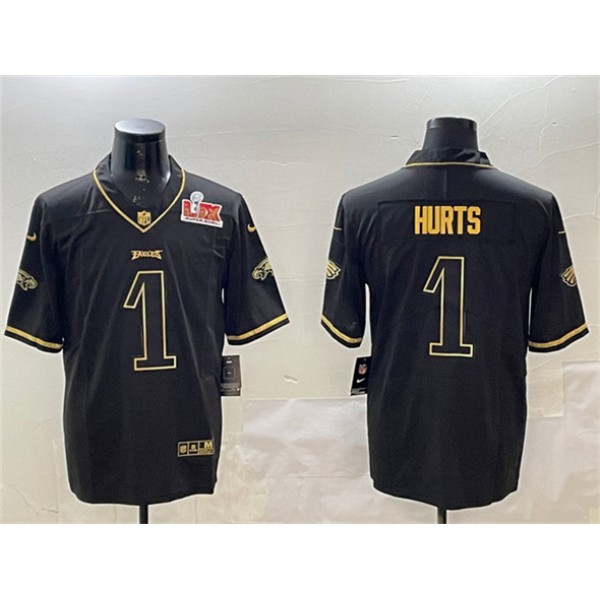 Philadelphia Eagles #1 Jalen Hurts Black Gold 2025 Super Bowl LIX Patch Salute To Service Vapor Untouchable Limited Stitched Jersey