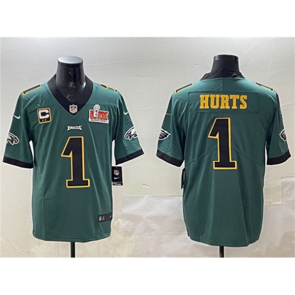 Philadelphia Eagles #1 Jalen Hurts Green Golden 2025 Super Bowl LIX Patch And 2-Star C Patch Vapor Untouchable Limited Stitched Jersey