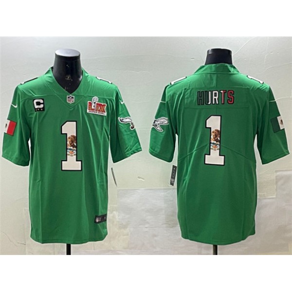 Philadelphia Eagles #1 Jalen Hurts Green Mexico 2025 Super Bowl LIX Patch And 3-Star C Patch Vapor Untouchable Limited Stitched Jersey