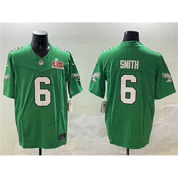 Philadelphia Eagles #6 DeVonta Smith Green 2025 Super Bowl LIX Patch F.U.S.E. Throwback Vapor Untouchable Limited Stitched Jersey