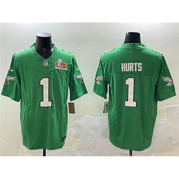 Philadelphia Eagles #1 Jalen Hurts Green 2025 Super Bowl LIX Patch F.U.S.E. Throwback Vapor Untouchable Limited Stitched Jersey