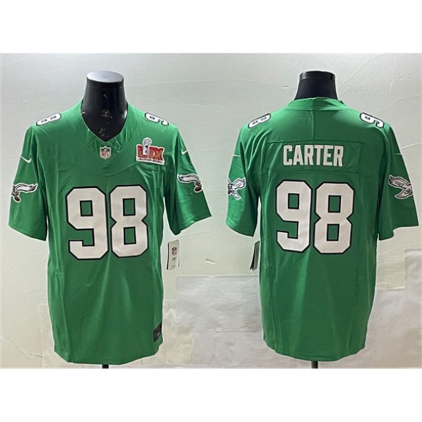 Philadelphia Eagles #98 Jalen Carter Green 2025 Super Bowl LIX Patch F.U.S.E. Throwback Vapor Untouchable Limited Stitched Jersey