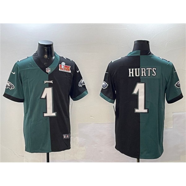 Philadelphia Eagles #1 Jalen Hurts Green Black Split 2025 Super Bowl LIX Patch Vapor Untouchable Limited Stitched Jersey