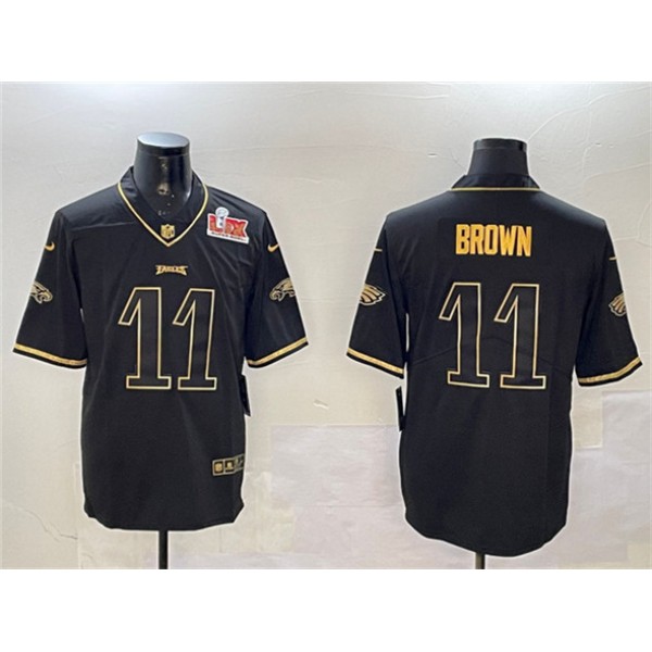 Philadelphia Eagles #11 A. J. Brown Black Gold 2025 Super Bowl LIX Patch Salute To Service Vapor Untouchable Limited Stitched Jersey