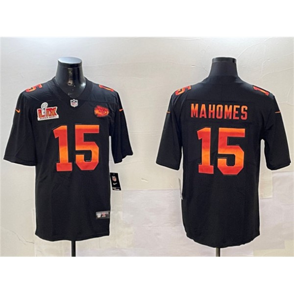 Kansas City Chiefs #15 Patrick Mahomes Black 2025 Super Bowl LIX Patch Fashion Vapor Limited Stitched Jersey