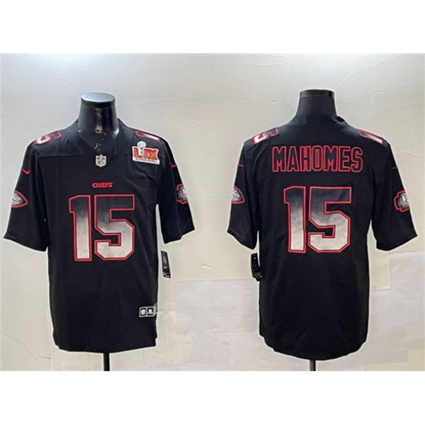 Kansas City Chiefs #15 Patrick Mahomes Black 2025 Super Bowl LIX Patch Smoke Fashion Vapor Limited Stitched Jersey
