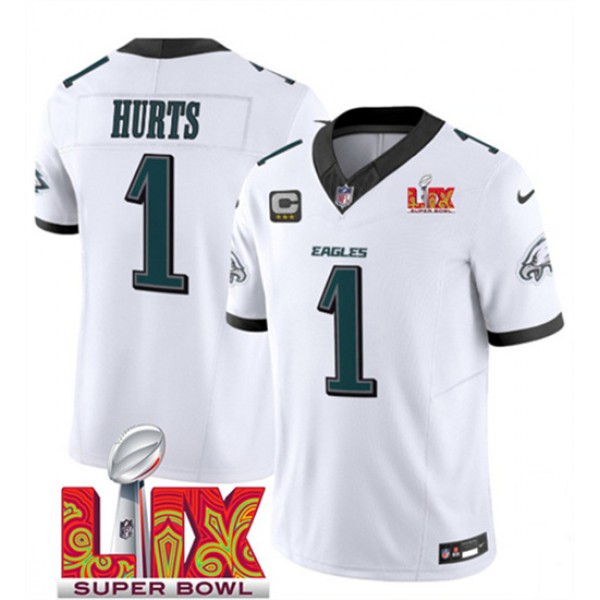 Philadelphia Eagles #1 Jalen Hurts White 2025 Super Bowl LIX With 3-Star C Patch F.U.S.E. Vapor Untouchable Limited Stitched Jersey