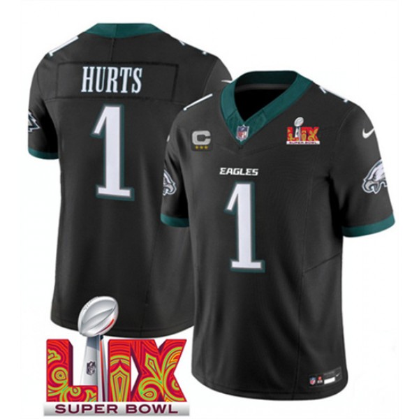 Philadelphia Eagles #1 Jalen Hurts Black 2025 Super Bowl LIX With 3-Star C Patch F.U.S.E. Vapor Untouchable Limited Stitched Jersey