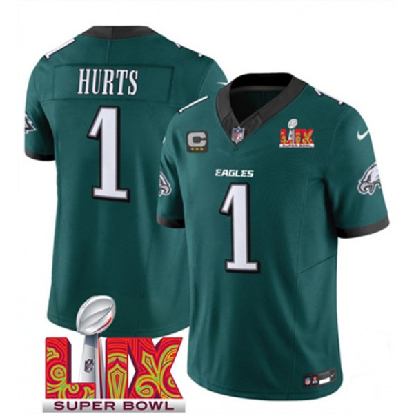 Philadelphia Eagles #1 Jalen Hurts Green 2025 Super Bowl LIX With 3-Star C Patch F.U.S.E. Vapor Untouchable Limited Stitched Jersey