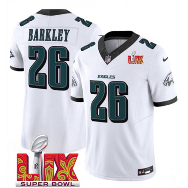 Philadelphia Eagles #26 Saquon Barkley White 2025 Super Bowl LIX Patch Vapor Untouchable Limited Stitched Jersey