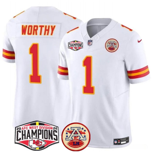 Kansas City Chiefs #1 Xavier Worthy White F.U.S.E. 2024 AFC West Division Champions Vapor Limited Stitched Jersey