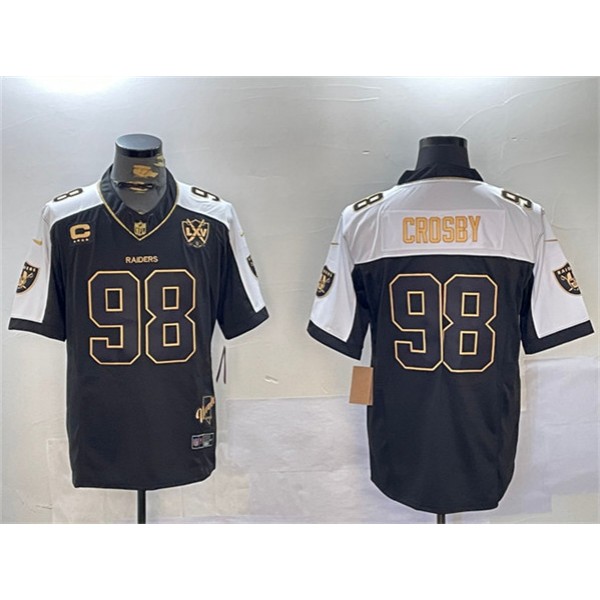 Las Vegas Raiders #98 Maxx Crosby Black Gold F.U.S.E. With Nevada Silver Stat Patch And 65th Anniversary Patch 4-Star C Patch Limited Stitched Jersey