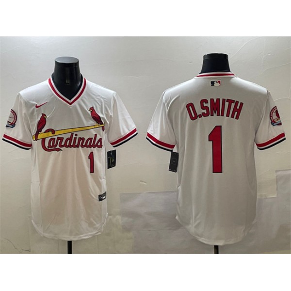 St. Louis Cardinals #1 Ozzie Smith White With Patch Stitched Jersey