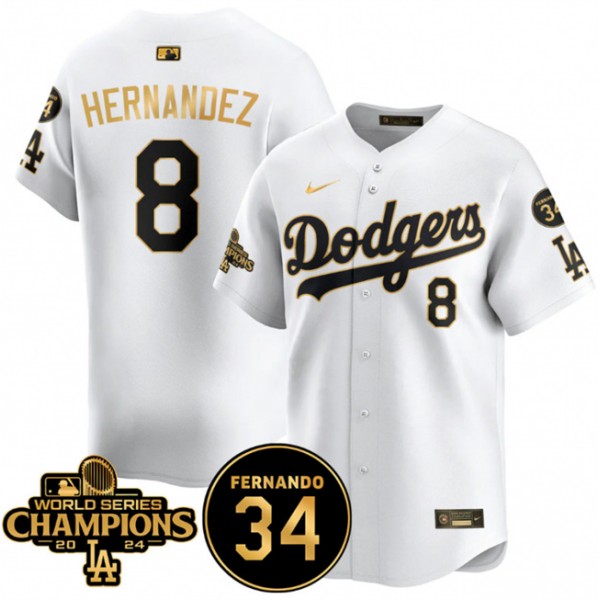 Los Angeles Dodgers #8 Enrique Hernández White Gold 2024 World Series Champions Fernando Memorial Patch Vapor Premier Limited Stitched Jersey