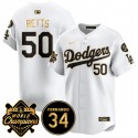 Los Angeles Dodgers #50 Mookie Betts White Gold 2024 World Champions Fernando Memorial Patch Vapor Premier Limited Stitched Jersey