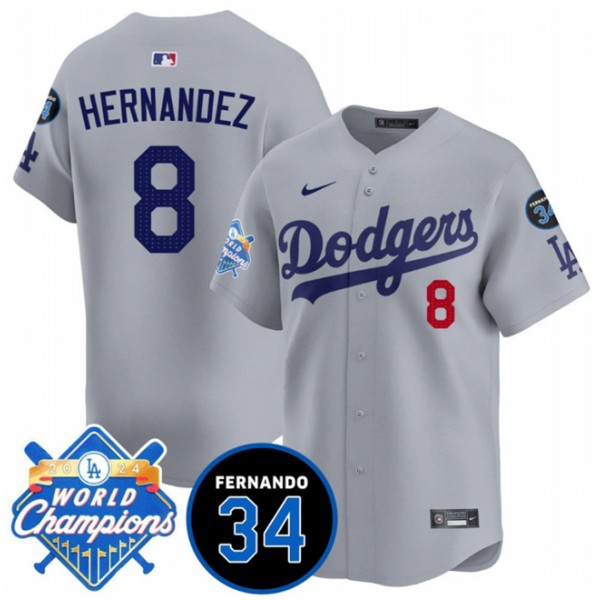 Los Angeles Dodgers #8 Enrique Hernández Gray 2024 World Champions Fernando Memorial Patch Vapor Premier Limited Stitched Jersey