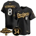 Los Angeles Dodgers #8 Enrique Hernández Black Gold 2024 World Series Champions Fernando Memorial Patch Vapor Premier Limited Stitched Jersey