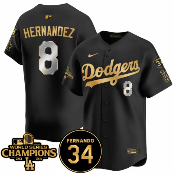 Los Angeles Dodgers #8 Enrique Hernández Black Gold 2024 World Series Champions Fernando Memorial Patch Vapor Premier Limited Stitched Jersey