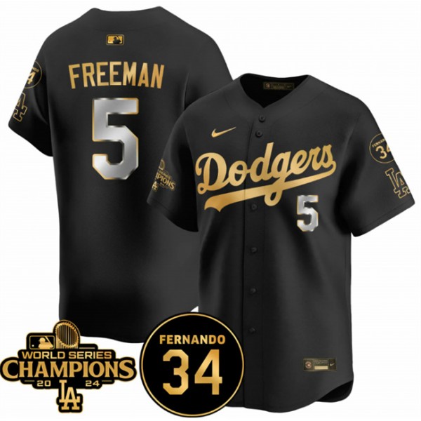 Los Angeles Dodgers #5 Freddie Freeman Black Gold 2024 World Series Champions Fernando Memorial Patch Vapor Premier Limited Stitched Jersey