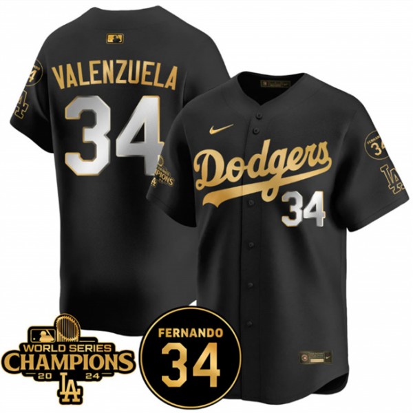 Los Angeles Dodgers #34 Fernando Valenzuela Black Gold 2024 World Series Champions Fernando Memorial Patch Vapor Premier Limited Stitched Jersey