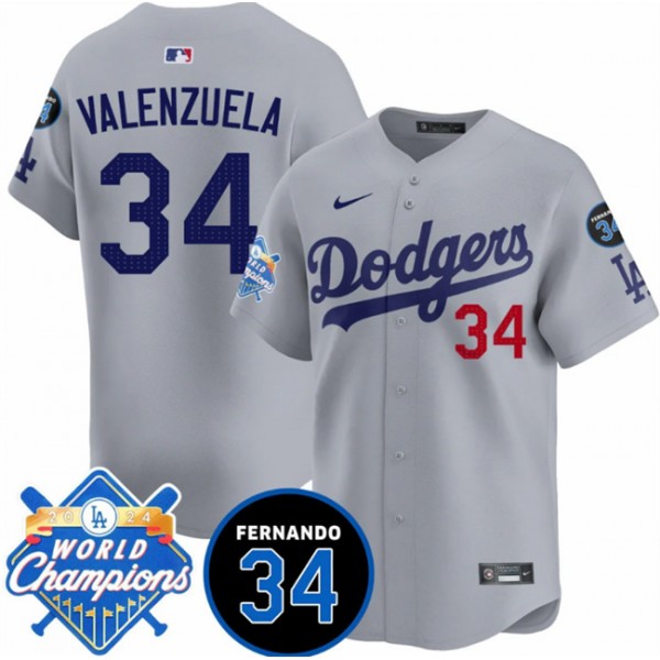 Los Angeles Dodgers #34 Fernando Valenzuela Gray 2024 World Champions Fernando Memorial Patch Vapor Premier Limited Stitched Jersey
