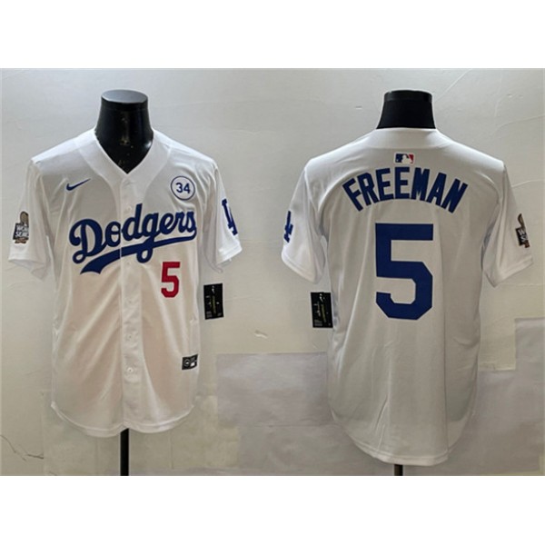 Los Angeles Dodgers #5 Freddie Freeman White 2024 World Series With No. 34 Patch Home Limited Stitched Jersey