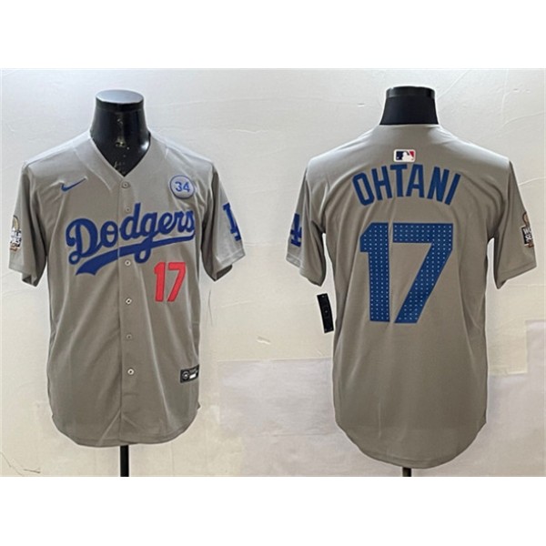 Los Angeles Dodgers #17 Shohei Ohtani Gray 2024 World Series With No. 34 Patch Limited Stitched Jersey